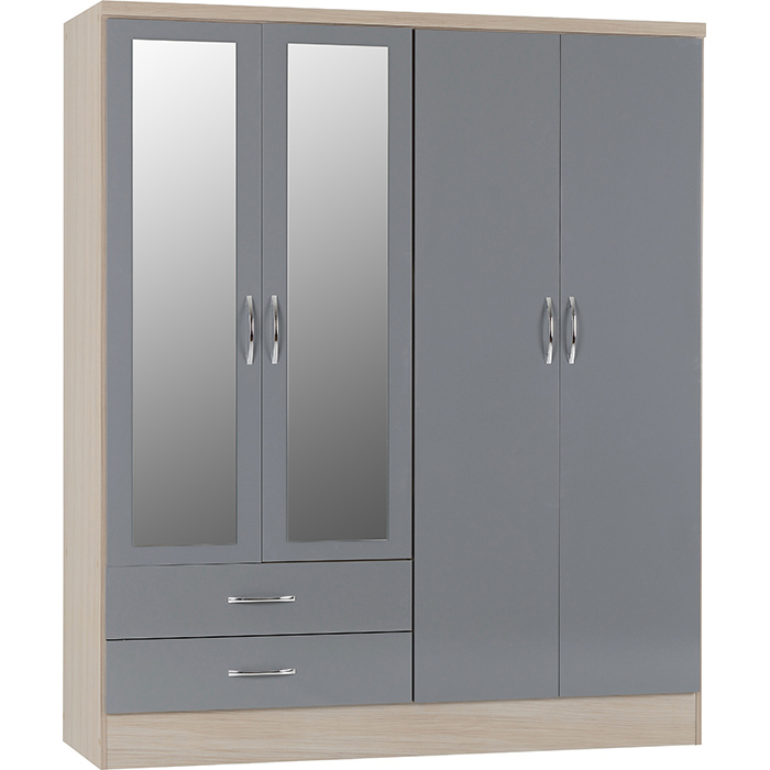 Nevada 4 Door 2 Drawer Mirrored Wardrobe In Grey Gloss/Light Oak - Click Image to Close